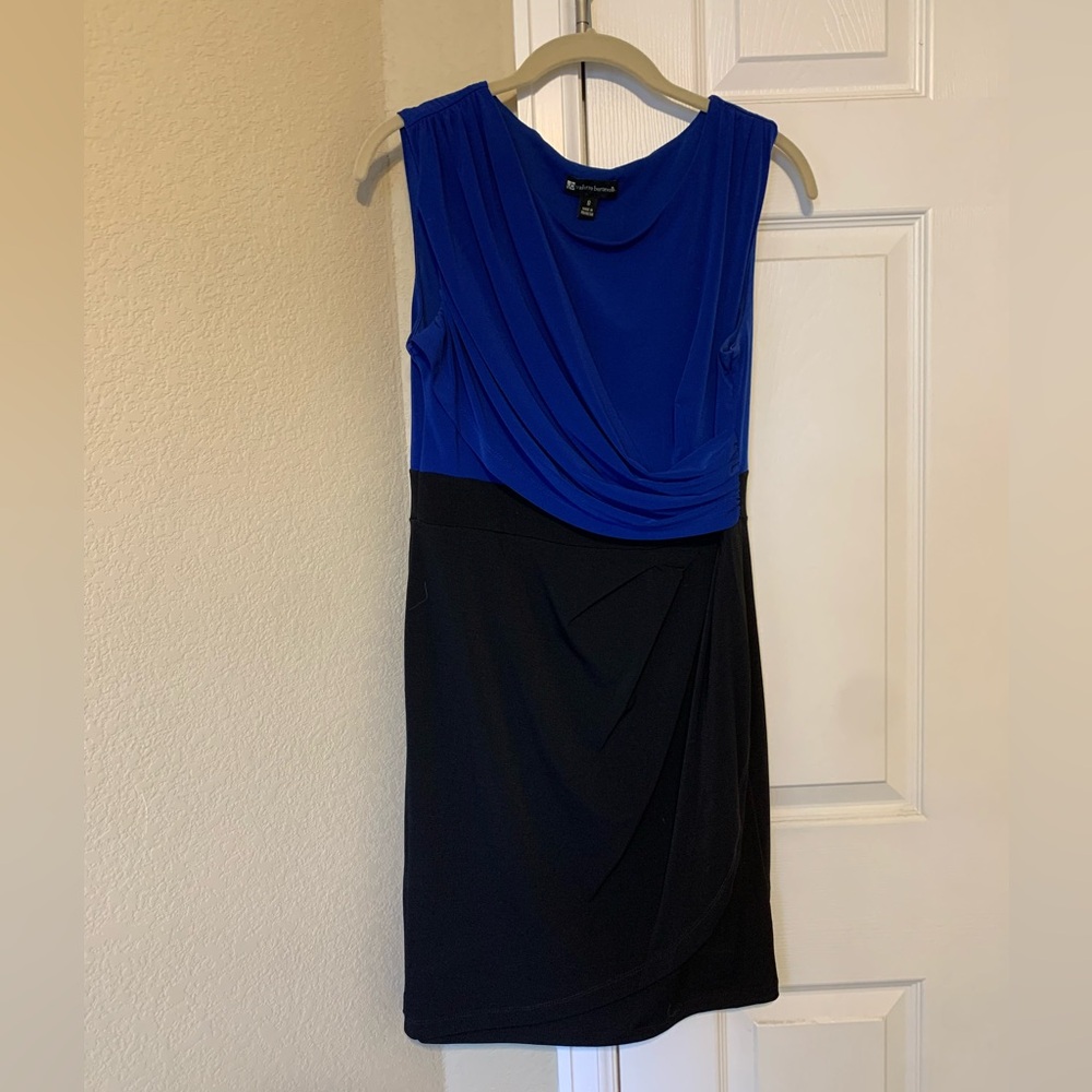 Valerie Bertinelli Blue and Black Sheath Dress Cowl Neck Sleeveless